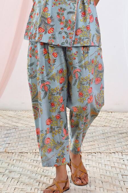 Moontara Blue Cotton Embroidery V-neck Floral Print Jacket And Pant Set Online at Aza Fashions Moontara_Blue Cotton Embroidery V-neck Floral Print Jacket And Pant Set _Online_at_Aza_Fashions