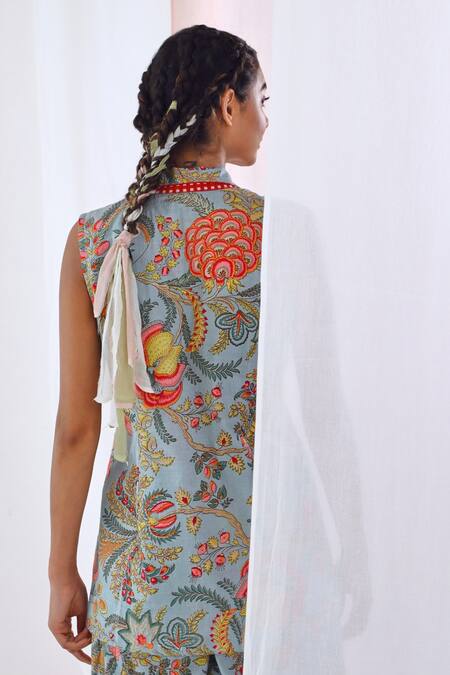 Buy Moontara Blue Cotton Embroidery V-neck Floral Print Jacket And Pant Set Online at Aza Fashions Buy_Moontara_Blue Cotton Embroidery V-neck Floral Print Jacket And Pant Set _Online_at_Aza_Fashions