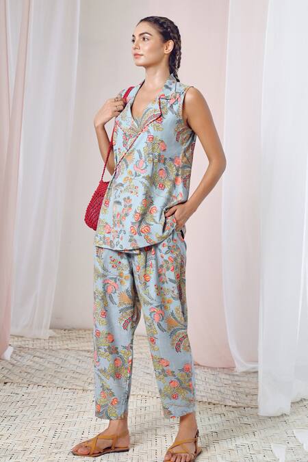 Shop Moontara Blue Cotton Embroidery V-neck Floral Print Jacket And Pant Set Online at Aza Fashions Shop_Moontara_Blue Cotton Embroidery V-neck Floral Print Jacket And Pant Set _Online_at_Aza_Fashions