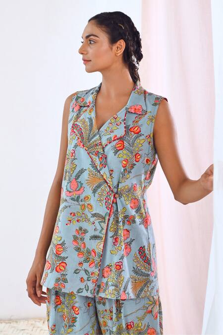 Moontara Blue Cotton Embroidery V-neck Floral Print Jacket And Pant Set at Aza Fashions Moontara_Blue Cotton Embroidery V-neck Floral Print Jacket And Pant Set _at_Aza_Fashions