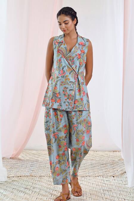 Buy Moontara Blue Cotton Embroidery V-neck Floral Print Jacket And Pant Set Buy_Moontara_Blue Cotton Embroidery V-neck Floral Print Jacket And Pant Set