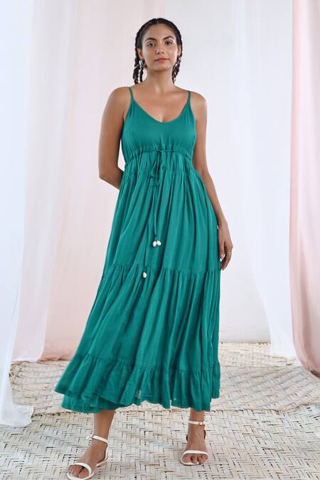 Moontara_Green Cotton, Voile Scoop Neck Plain Gathered And Tiered Dress _Online_at_Aza_Fashions