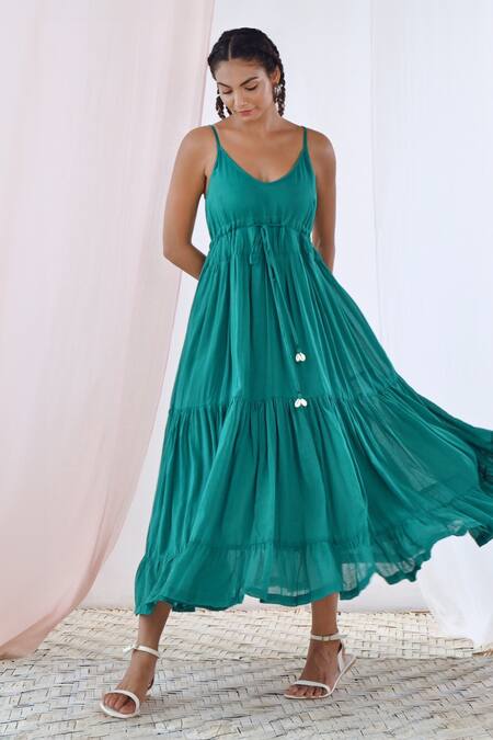 Shop_Moontara_Green Cotton, Voile Scoop Neck Plain Gathered And Tiered Dress _Online_at_Aza_Fashions