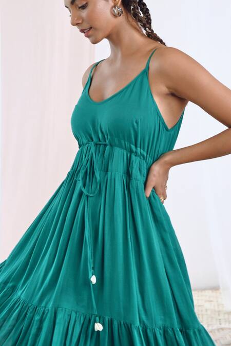 Moontara_Green Cotton, Voile Scoop Neck Plain Gathered And Tiered Dress _at_Aza_Fashions