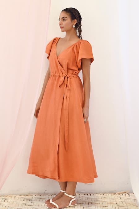 Buy Moontara Orange Linen V-neck Solid Midi Dress Online at Aza Fashions Buy_Moontara_Orange Linen V-neck Solid Midi Dress _Online_at_Aza_Fashions