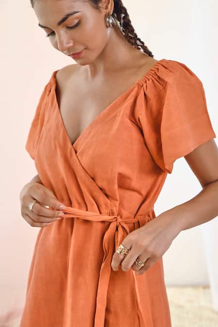 Shop Moontara Orange Linen V-neck Solid Midi Dress Online at Aza Fashions Shop_Moontara_Orange Linen V-neck Solid Midi Dress _Online_at_Aza_Fashions