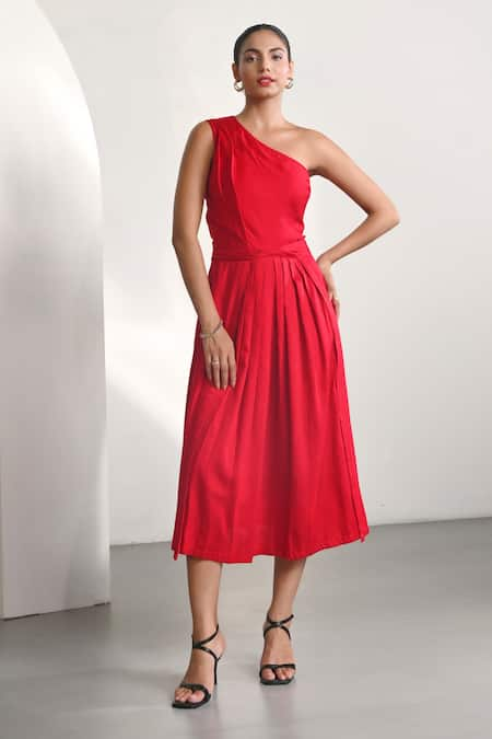 MoonTara Red Cotton Satin Solid One Shoulder Dress  