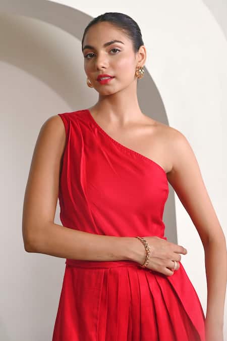 Buy_Moontara_Red Cotton Satin One Shoulder Solid Dress _Online_at_Aza_Fashions