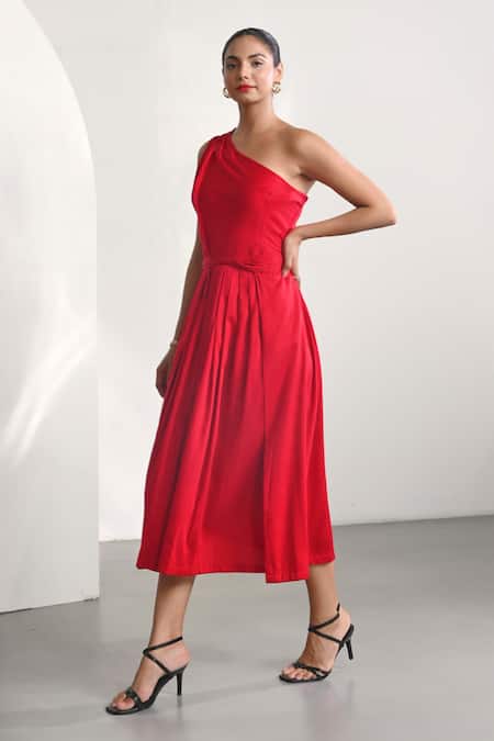 Shop_Moontara_Red Cotton Satin One Shoulder Solid Dress _Online_at_Aza_Fashions
