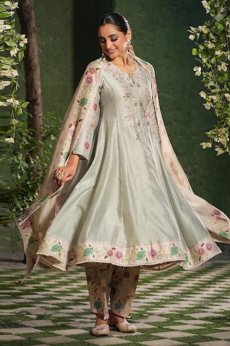 Shop_Label Niti Bothra_Ivory Silk, Chanderi Embroidery, Lace Mughal Heer Printed Kalidar Kurta Set _at_Aza_Fashions
