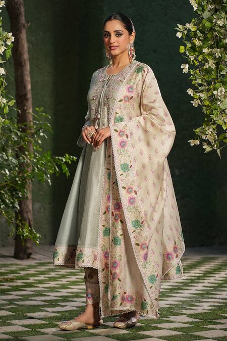 Buy_Label Niti Bothra_Ivory Silk, Chanderi Embroidery, Lace Mughal Heer Printed Kalidar Kurta Set _Online_at_Aza_Fashions