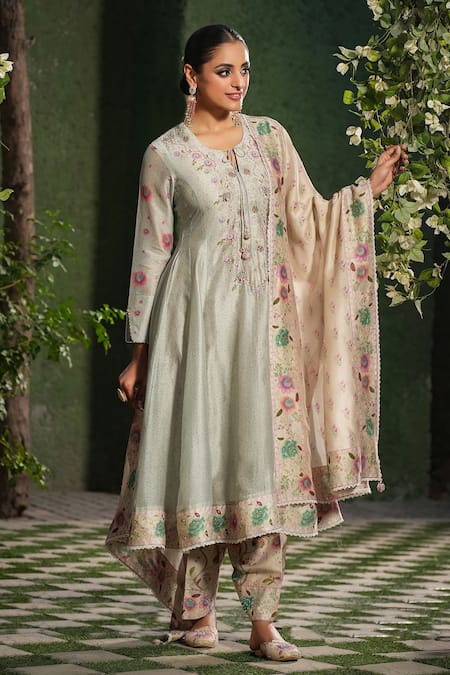 Shop_Label Niti Bothra_Ivory Silk, Chanderi Embroidery, Lace Mughal Heer Printed Kalidar Kurta Set _Online_at_Aza_Fashions