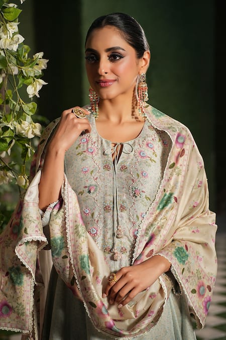 Label Niti Bothra_Ivory Silk, Chanderi Embroidery, Lace Mughal Heer Printed Kalidar Kurta Set _at_Aza_Fashions