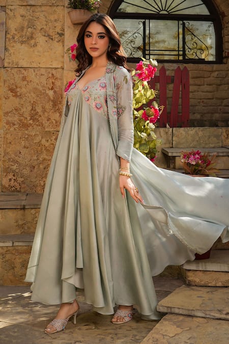 Shop_Label Niti Bothra_Blue Silk, Chanderi Embroidery Plunge Neck Mughal Jacket And Dress Set _at_Aza_Fashions