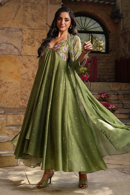 Shop_Label Niti Bothra_Green Silk, Chanderi Embroidery Plunge , Open Mughal Jacket With Dress _at_Aza_Fashions