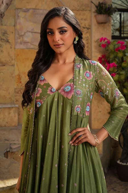 Label Niti Bothra_Green Silk, Chanderi Embroidery Plunge , Open Mughal Jacket With Dress _Online_at_Aza_Fashions