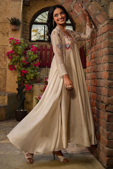 Shop_Label Niti Bothra_Ivory Silk, Chanderi Embroidery Plunge Mughal Floral Pattern Jacket With Dress _at_Aza_Fashions
