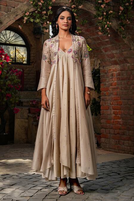 Label Niti Bothra_Ivory Silk, Chanderi Embroidery Plunge Mughal Floral Pattern Jacket With Dress _Online_at_Aza_Fashions