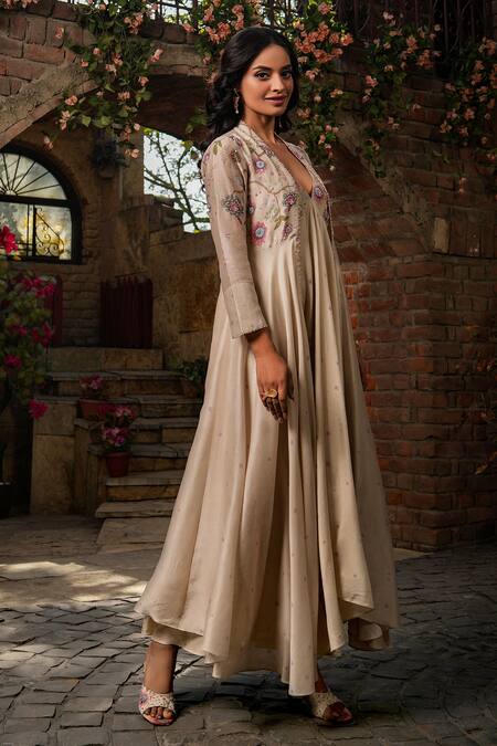 Shop_Label Niti Bothra_Ivory Silk, Chanderi Embroidery Plunge Mughal Floral Pattern Jacket With Dress _Online_at_Aza_Fashions