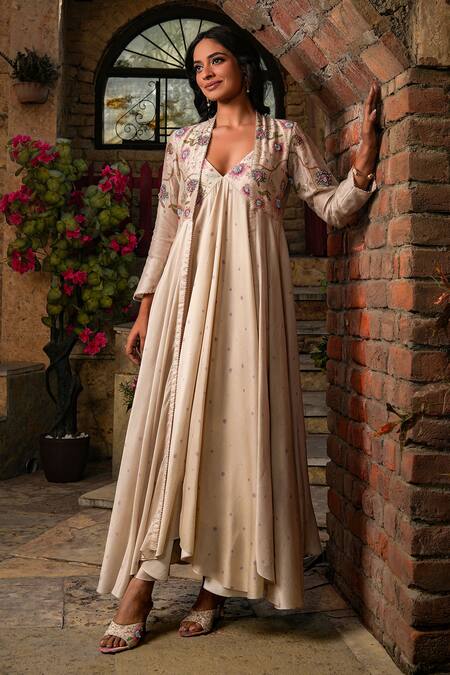 Label Niti Bothra_Ivory Silk, Chanderi Embroidery Plunge Mughal Floral Pattern Jacket With Dress _at_Aza_Fashions