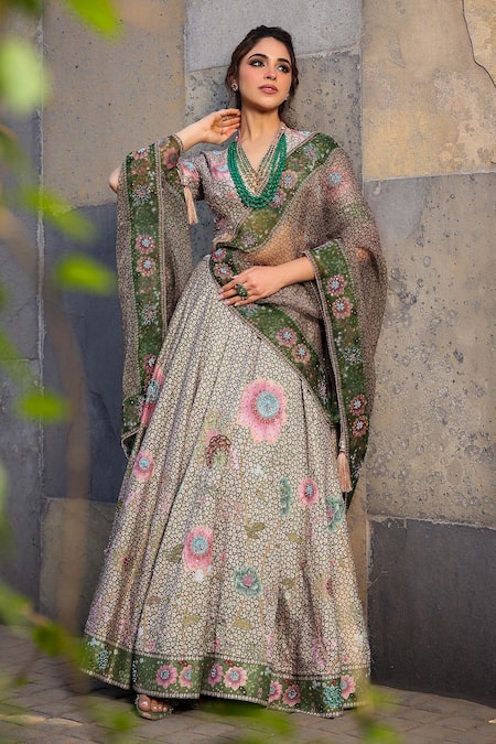 Label Niti Bothra Green Silk Chanderi Printed Floral Plunged V Mughal Pattern Lehenga Set 