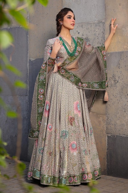 Label Niti Bothra_Green Silk, Chanderi Pearls, Sequins, Beads, Mughal Floral Pattern Lehenga Set _Online_at_Aza_Fashions