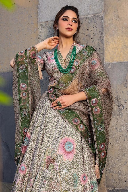Buy_Label Niti Bothra_Green Silk, Chanderi Pearls, Sequins, Beads, Mughal Floral Pattern Lehenga Set _Online_at_Aza_Fashions