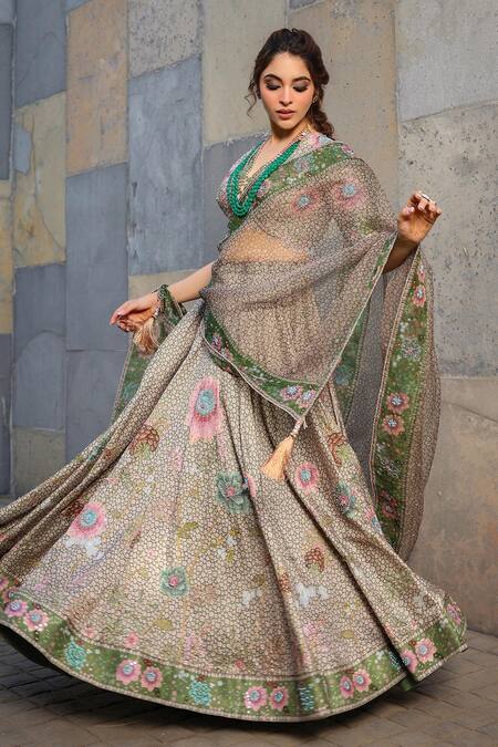 Shop_Label Niti Bothra_Green Silk, Chanderi Pearls, Sequins, Beads, Mughal Floral Pattern Lehenga Set _Online_at_Aza_Fashions