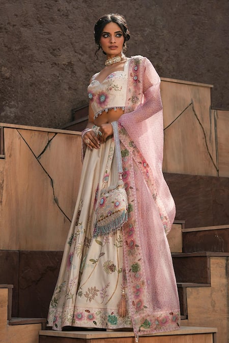 Label Niti Bothra Ivory Silk Chanderi Printed Floral Sweetheart Mughal Lehenga Set 