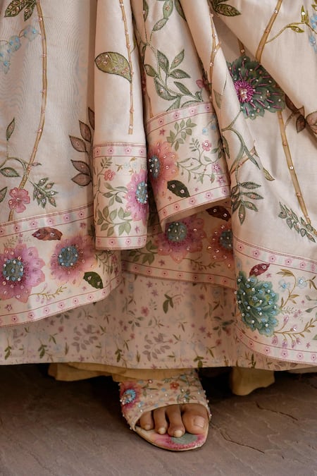 Label Niti Bothra_Ivory Silk, Chanderi Embroidery, Pearls, Beads, Mughal Floral Print Lehenga Set _Online_at_Aza_Fashions