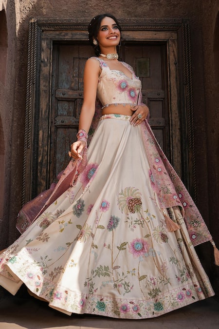 Buy_Label Niti Bothra_Ivory Silk, Chanderi Embroidery, Pearls, Beads, Mughal Floral Print Lehenga Set _Online_at_Aza_Fashions