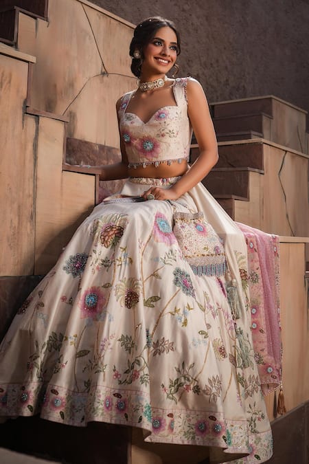 Shop_Label Niti Bothra_Ivory Silk, Chanderi Embroidery, Pearls, Beads, Mughal Floral Print Lehenga Set _Online_at_Aza_Fashions