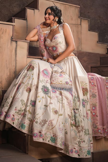 Label Niti Bothra_Ivory Silk, Chanderi Embroidery, Pearls, Beads, Mughal Floral Print Lehenga Set _at_Aza_Fashions