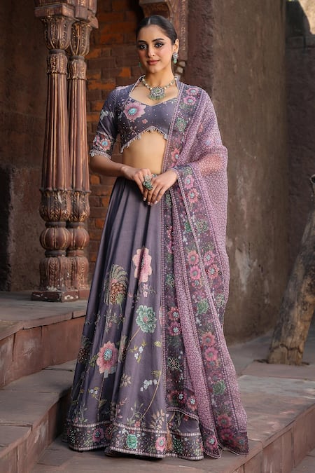 Label Niti Bothra Purple Silk Chanderi Printed Floral Matka Mughal Lehenga Set 