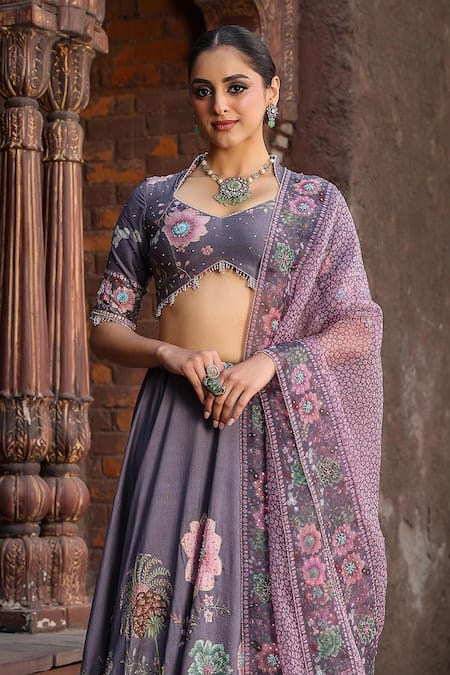 Label Niti Bothra_Purple Silk, Chanderi Pearls, Beads, Sequins Mughal Printed Lehenga Set _Online_at_Aza_Fashions
