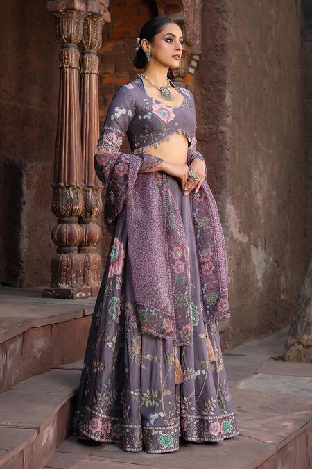 Buy_Label Niti Bothra_Purple Silk, Chanderi Pearls, Beads, Sequins Mughal Printed Lehenga Set _Online_at_Aza_Fashions