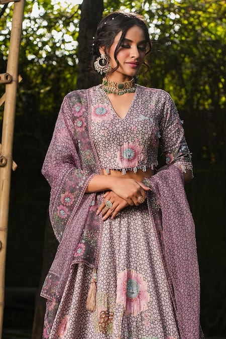 Label Niti Bothra_Purple Silk, Chanderi Pearls, Sequins, Beads Mughal Embroidered Lehenga Set _Online_at_Aza_Fashions