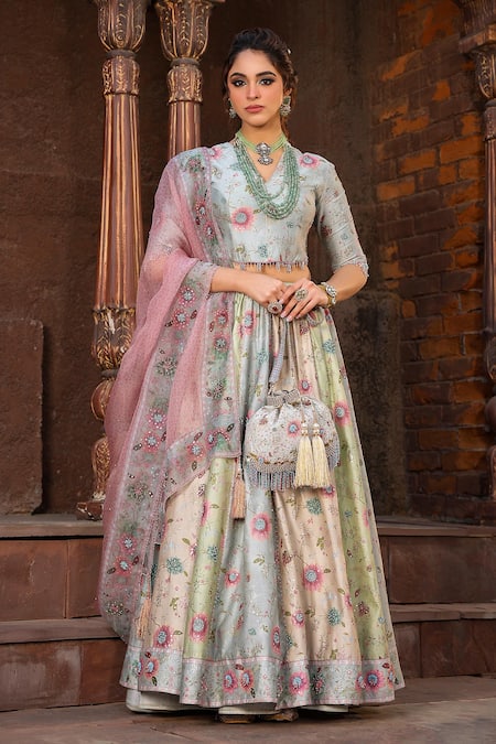 Label Niti Bothra Multi Color Silk Chanderi Printed Floral Sweetheart Mughal Tri Lehenga Set 