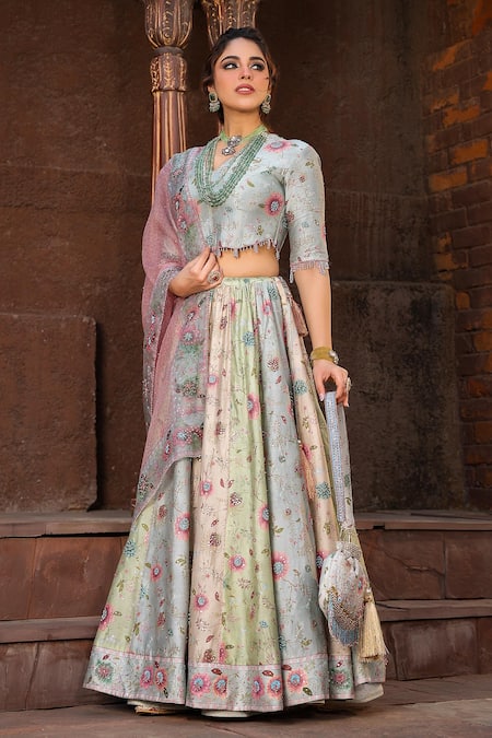 Label Niti Bothra Mughal Floral Print Tri Color Lehenga Set 