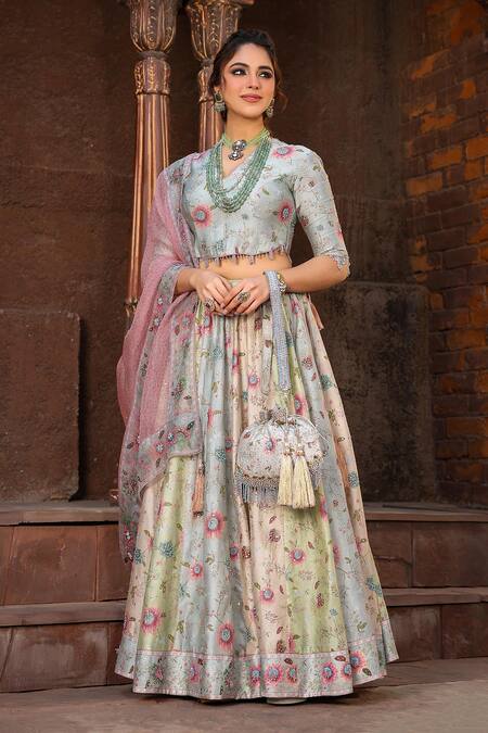 Label Niti Bothra_Multi Color Silk, Chanderi Pearls, Sequins, Mughal Floral Print Tri Lehenga Set _Online_at_Aza_Fashions
