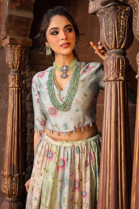 Buy_Label Niti Bothra_Multi Color Silk, Chanderi Pearls, Sequins, Mughal Floral Print Tri Lehenga Set _Online_at_Aza_Fashions