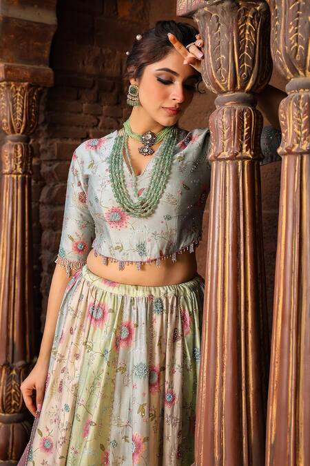 Shop_Label Niti Bothra_Multi Color Silk, Chanderi Pearls, Sequins, Mughal Floral Print Tri Lehenga Set _Online_at_Aza_Fashions