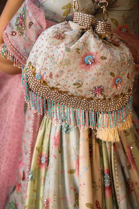 Label Niti Bothra_Multi Color Silk, Chanderi Pearls, Sequins, Mughal Floral Print Tri Lehenga Set _at_Aza_Fashions