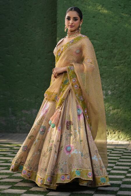 Label Niti Bothra_Yellow Silk, Chanderi Pearls, Sequins, Mughal Floral Embroidered Lehenga Set _Online_at_Aza_Fashions