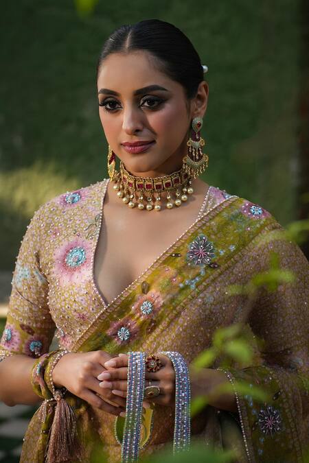 Buy_Label Niti Bothra_Yellow Silk, Chanderi Pearls, Sequins, Mughal Floral Embroidered Lehenga Set _Online_at_Aza_Fashions