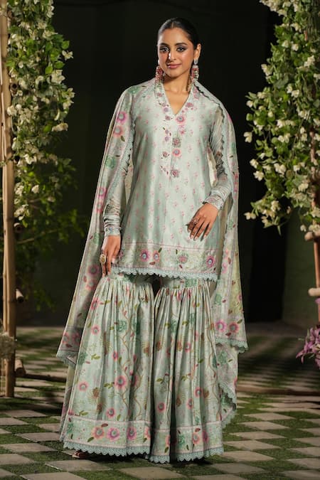 Shop_Label Niti Bothra_Blue Silk, Chanderi Lace, Sequins, Embroidery Mughal Floral Print Sharara Set _at_Aza_Fashions