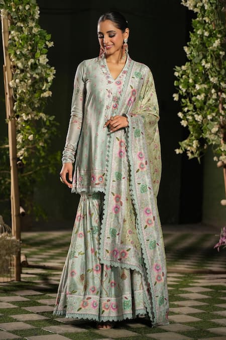Label Niti Bothra_Blue Silk, Chanderi Lace, Sequins, Embroidery Mughal Floral Print Sharara Set _Online_at_Aza_Fashions
