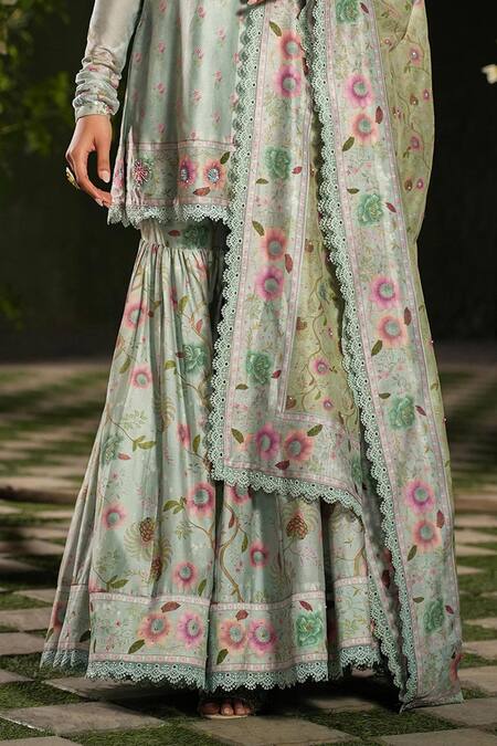 Buy Label Niti Bothra Blue Silk, Chanderi Lace, Sequins, Embroidery Mughal Floral Print Sharara Set Online at Aza Fashions Buy_Label Niti Bothra_Blue Silk, Chanderi Lace, Sequins, Embroidery Mughal Floral Print Sharara Set _Online_at_Aza_Fashions