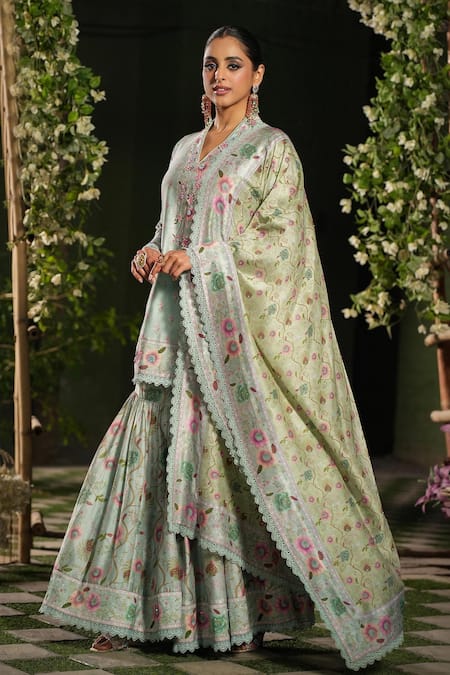 Shop_Label Niti Bothra_Blue Silk, Chanderi Lace, Sequins, Embroidery Mughal Floral Print Sharara Set _Online_at_Aza_Fashions