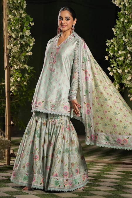 Label Niti Bothra_Blue Silk, Chanderi Lace, Sequins, Embroidery Mughal Floral Print Sharara Set _at_Aza_Fashions